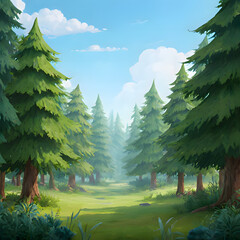 3D rendered scene depicting a lush, bright cartoon forest landscape.