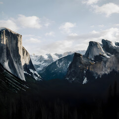 A breathtaking and dramatic mountain landscape capturing a vast, deep alpine valley reminiscent of Yosemite