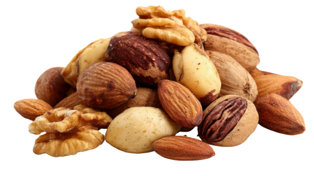 A mix of various nuts, including almonds and walnuts, on a white isolate background.