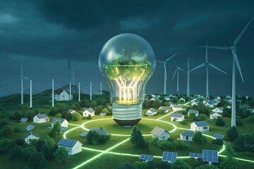 Giant Lightbulb with Tree and Green Energy Network in a Village glowing