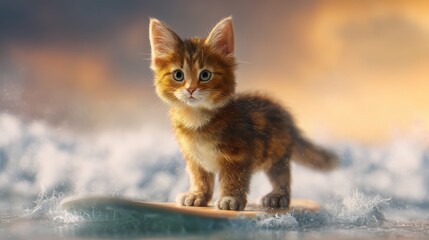 A fluffy tabby kitten stands on a surfboard riding gentle waves under a soft warm sky