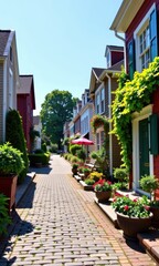 Fototapeta premium Charming cobblestone streets wind through Rye's historic district, showcasing quaint architecture and lush greenery. The sun-drenched scene evokes a sense of t, peaceful, greenery