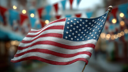 Independence day celebration with the american flag waving high and festive bunting around