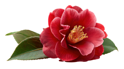 Beautiful red camellia flower with lush green leaves on a white isolated background.