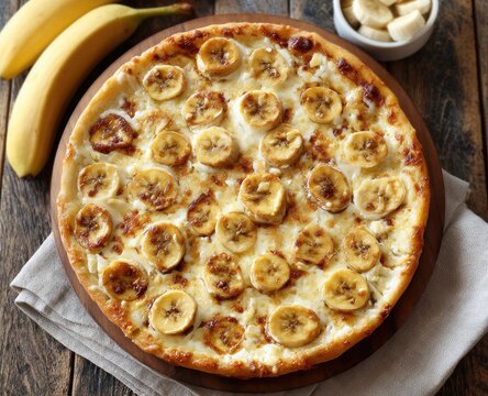 Round pizza topped with sliced bananas