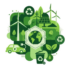 An illustration depicting green energy concepts, including wind turbines, solar panels, an electric car, and recycling symbols around a globe isolated on transparent background