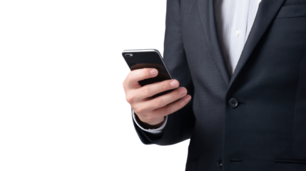 Businessman holding smartphone, isolated on white background