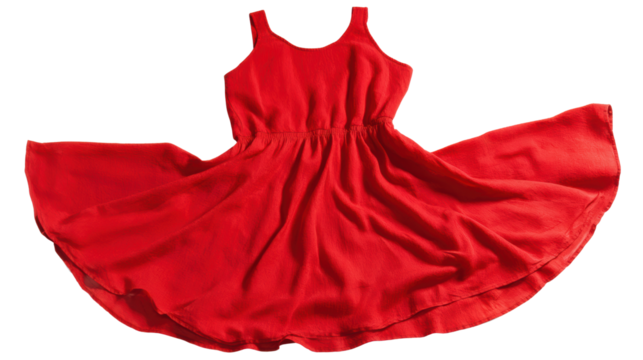 Bright red dress with a flowing skirt, perfect for summer days or special occasions, isolated on white background.