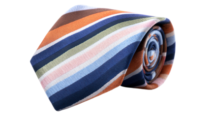 Colorful striped tie rolled up, perfect for formal wear, showcasing elegance and style.