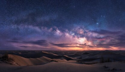 Naklejka premium Vast desert landscape under a vibrant night sky with a vibrant Milky Way
