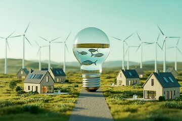 Lightbulb with Fish and Wind Turbines in a Sustainable Village water