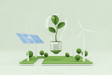 Miniature eco-friendly landscape with solar panel wind turbines and a lightbulb plant renewable energy