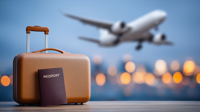 Close-up passport + travel insurance on suitcase, blurred plane takeoff, golden sky glow