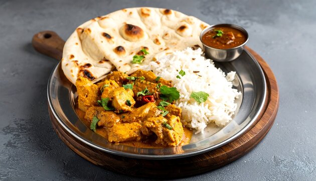 Indian curry meal with naan and rice