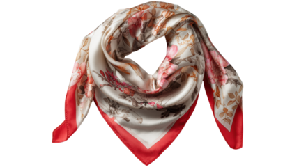 Elegant floral silk scarf on white isolated background.