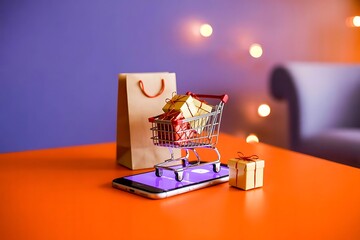Miniature shopping cart filled with gift boxes on a smartphone with shopping bag online e-commerce