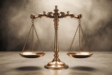 Ornate golden scales of justice on a textured background legal court