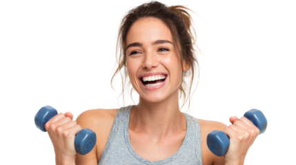 Fit woman with dumbbells, smiling energetically, promoting health and fitness on a white isolated background.