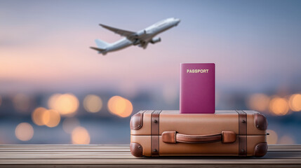 Passport + travel docs atop suitcase, airplane ascending in soft golden blur
