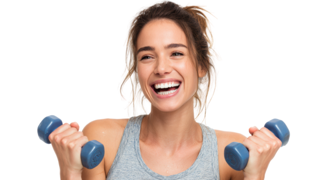 Fit woman with dumbbells, smiling energetically, promoting health and fitness on a white isolated background.