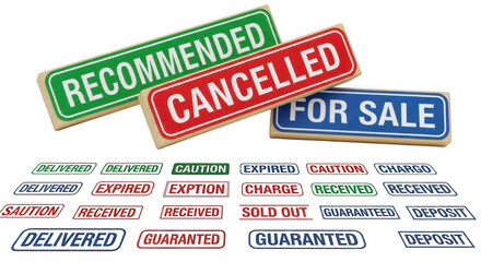 A collection of rubber stamps with various businessrelated words like recommended, cancelled, and for sale isolated on transparent background
