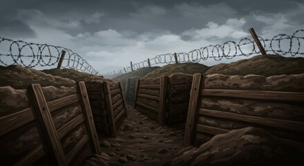 Illustrated trenches with barbed wire under cloudy sky
