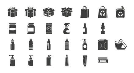A grid of black and white icons representing various packaging and container types, including boxes, bottles, and cans isolated on transparent background