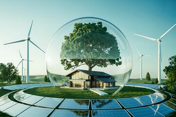 Sustainable eco-home protected by a glass dome surrounded by solar panels and wind turbines house architecture