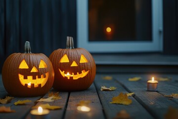 Cozy halloween evening: illuminated pumpkins and autumn leaves by candlelight