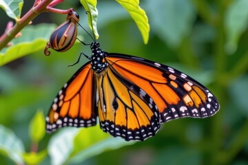 Fototapeta premium A vibrant monarch butterfly emerges from its chrysalis, wings still damp, against a lush green background, butterfly, spring