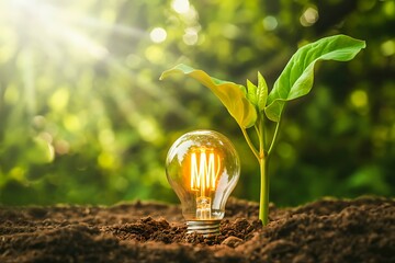 Sprouting Plant Growing from Soil with Glowing Light Bulb and Sunlight growth energy