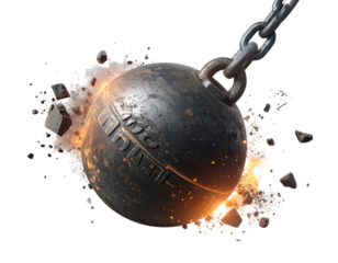 Massive Steel Wrecking Ball with Cracks and Dust Cloud Transparent PNG