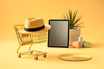 Yellow shopping cart with straw hat, tablet, and plant on yellow background trolley