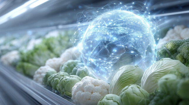 Infographic style, fresh veggies on racks, holographic globe above with glowing trade paths