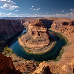 High-angle view of Horseshoe Bend, a stunning river loop carved into red rock