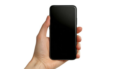 Hand holding a smartphone with a blank screen for app or interface display, isolated on white background.