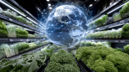 Market racks full of greens, holographic Earth above, shining global supply lines