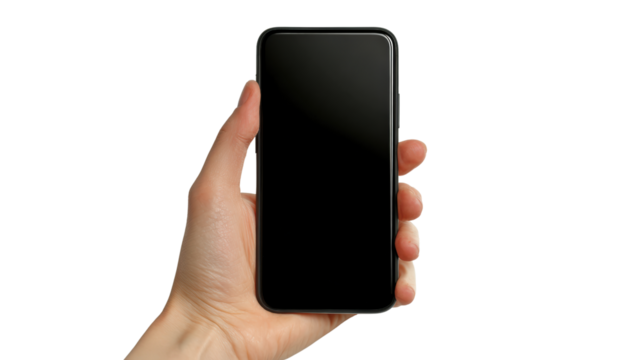 Hand holding a smartphone with a blank screen for app or interface display, isolated on white background.