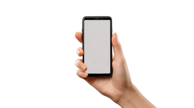 Hand holding a smartphone with a blank screen, perfect for showcasing app designs.