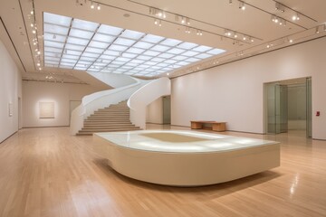 Modern art museum interior showcasing a sweeping staircase and a curved display case against a backdrop of light beige hardwood flooring.
