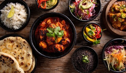 Assorted Indian dishes on a wooden table