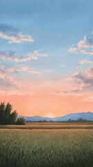 Obraz premium Breathtaking Landscape at Sunset: A Tranquil Scene of Nature with Vibrant Skies and Rolling Fields Under a Serene Horizon