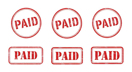 Three circular red stamps and three rectangular red stamps, all bearing the word paid in bold letters isolated on transparent background