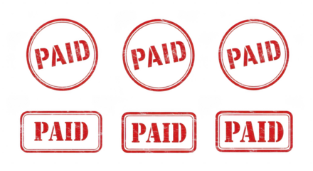 Three circular red stamps and three rectangular red stamps, all bearing the word paid in bold letters isolated on transparent background
