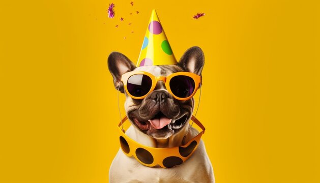 cute dog in party hat and sunglasses over yellow background