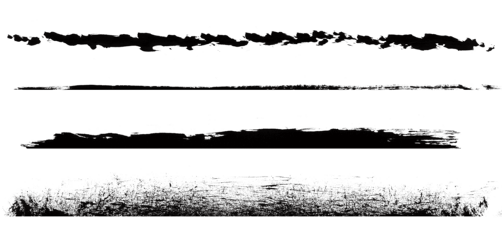 Four grunge brush stroke lines isolated on transparent background, abstract artistic elements for design