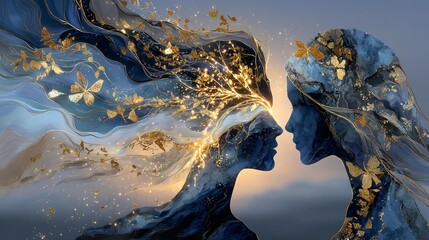 Two faces intertwined with golden elements. Past life threads system, past life threads system for connection, proven past life threads system unlocking clarity