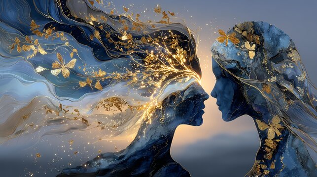 Two faces intertwined with golden elements. Past life threads system, past life threads system for connection, proven past life threads system unlocking clarity