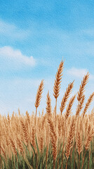 Fototapeta premium A Tranquil Golden Wheat Field Under a Clear Blue Sky: A Beautiful Watercolor Landscape Evoking Serenity and Nature's Abundance