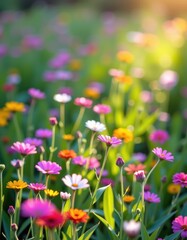 Fototapeta premium Soft sunlight bathes a vibrant spring meadow, wildflowers in soft focus, creating a dreamy, idyllic scene, colorful flowers, serene